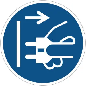 Stekker uit stopcontact verplicht gebodspictogram - M006 - blauw wit - rond - symbool hand die stekker uit stopcontact haalt met blauwe achtergrond