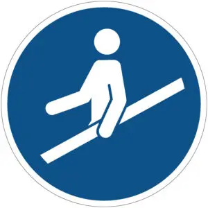 Trapleuning vasthouden verplicht gebodspictogram - M012 - blauw wit - rond - symbool persoon met arm aan trapleuning met blauwe achtergrond