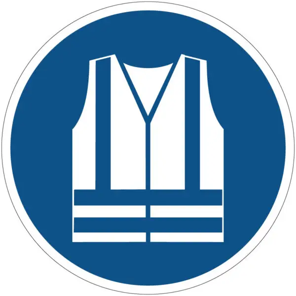 Hesje verplicht gebodspictogram - M015 - blauw wit - rond - symbool veiligheidshesje met blauwe achtergrond