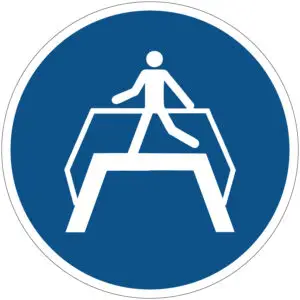 Voetbrug verplicht gebodspictogram - M023 - blauw wit - rond - symbool persoon op loopbrug met blauwe achtergrond
