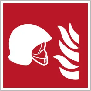 Brandbestrijdingsmiddelen brand pictogram - F004B - rood wit - vierkant - symbool brandweer helm met vuur op rode achtergrond