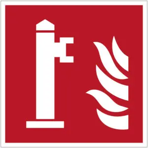 Bovengrondse brandkraan brand pictogram - rood wit - vierkant - symbool brandkraan boven de grond met vuur op rode achtergrond