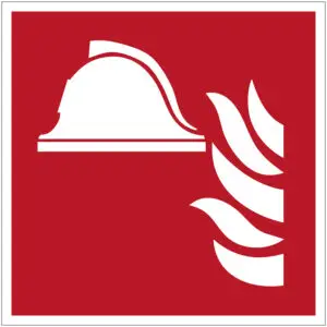 Brandbestrijdingsmiddelen pictogram - F004 - rood wit - vierkant - symbool brandweer helm met vuur op rode achtergrond