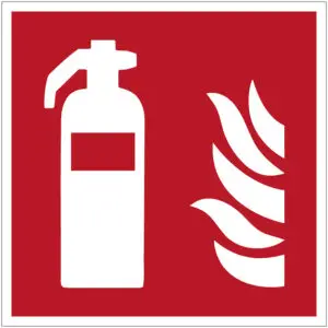 Brandblusser pictogram - F001 - rood wit - vierkant - symbool brandblusser met vuur op rode achtergrond