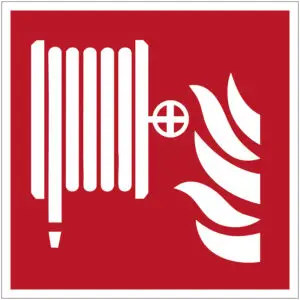 Brandslang pictogram - F002 - rood wit - vierkant - symbool brandslanghaspel met vuur op rode achtergrond