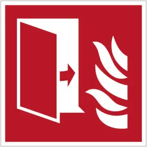 Brandwerende deur brand pictogram - F007 - rood wit - vierkant - symbool geopende deur met pijl naar rechts met vuur op rode achtergrond