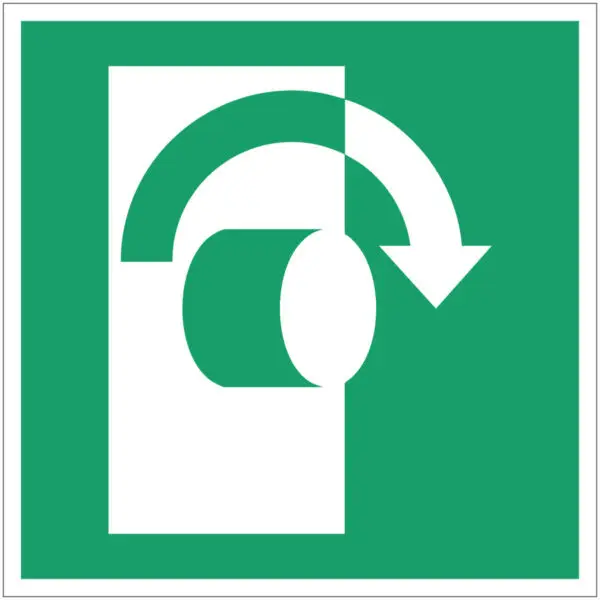 Deurknop naar rechts draaien EHBO pictogram - E019 - groen wit - vierkant - symbool draaiknop met pijl naar rechts op groene achtergrond