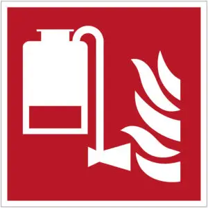 Draagbare schuimblusser brand pictogram - F010 - rood wit - vierkant - symbool blusser op standaard met vuur op rode achtergrond