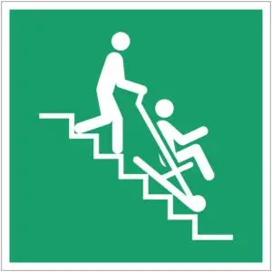 Evacuatiestoel EHBO pictogram - E060 - groen wit - vierkant - symbool persoon die persoon met evcuatiestoel van trap rijdt op groene achtergrond
