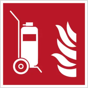 Mobiele brandblusser brand pictogram - F009 - rood wit - vierkant - symbool blusser op steekwagen met vuur op rode achtergrond