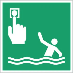 Noodmelder persoon overboord EHBO pictogram - E069 - groen wit - vierkant - symbool persoon in water en hand met noodknop op groene achtergrond