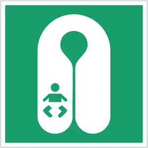 Reddingsvest baby EHBO pictogram - E046 - groen wit - vierkant - symbool reddingsvest met baby erop afgebeeld op groene achtergrond