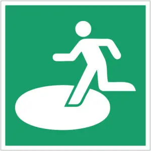 Toevluchtsoord bij natuurramp EHBO pictogram - E065 - groen wit - vierkant - symbool persoon en witte cirkel op groene achtergrond
