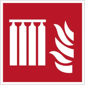 Vaste blusbatterij brand pictogram - F008 - rood wit - vierkant - symbool blusbatterij met vuur op rode achtergrond