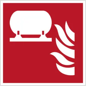 Vaste blusinstallatie brand pictogram - F012 - rood wit - vierkant - symbool blusinstallatie met vuur op rode achtergrond