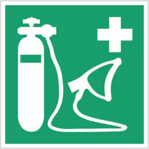 Zuurstoffles en masker EHBO pictogram - E028 - groen wit - vierkant - symbool zuurstoffles met masker en wit kruis op groene achtergrond