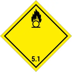 ADR klasse 5.1 oxiderende stoffen pictogram - geel zwart - vierkant - symbool vlam met cirkel en cijfer 5.1