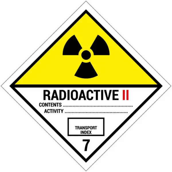 ADR klasse 7.2 radioactieve stoffen pictogram - wit zwart geel - vierkant - symbool radioactief met tekst radioactive ll en cijfer 7