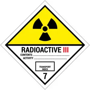 ADR klasse 7.3 radioactieve stoffen pictogram - wit zwart geel - vierkant - symbool radioactief met tekst radioactive lll en cijfer 7