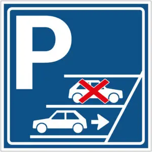 Achteruit inparkeren verkeerspictogram - E8AI - vierkant - blauw wit - symbool auto vooruit ingeparkeerd met kruis en auto achteruit ingeparkeerd met pijl en P