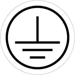 Beschermende aarde geleider sticker - rond - wit zwart - symbool aarding in cirkel met witte achtergrond