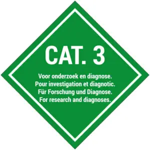 Categorie 3 onderzoek en diagnoses ADR pictogram - groen wit - vierkant - tekst CAT. 3 voor onderzoek en diagnose