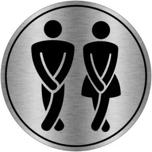 Gezamenlijke WC pictogram - rond - zwart grijs - symbool man en vrouw met armen voor kruis - brushed aluminium