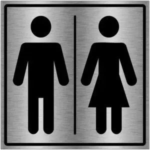 Gezamenlijk toilet pictogram - vierkant - zwart grijs - symbool man en vrouw met streep in het midden - brushed aluminium