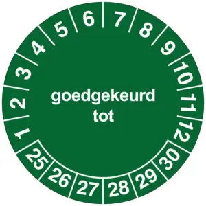 Goedgekeurd tot keuringssticker - rond - groen wit - tekst goedgekeurd tot met jaartallen en maanden