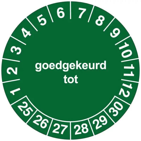 Goedgekeurd tot keuringssticker - rond - groen wit - tekst goedgekeurd tot met jaartallen en maanden
