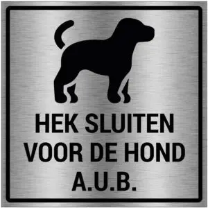 Hek sluiten voor de hond pictogram - zwart grijs - vierkant - symbool hond met tekst hek sluiten voor de hond aub op witte achtergrond