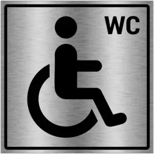 Invalide toilet pictogram - vierkant - zwart grijs - symbool persoon in rolstoel en tekst WC - brushed aluminium