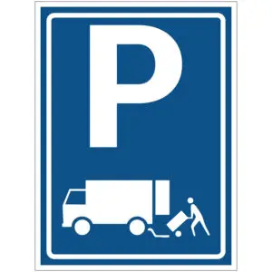 Laden en lossen parkeerplaats verkeerspictogram - E7 - rechthoekig - blauw wit - symbool persoon bij vrachtwagen en P op blauwe achtergrond