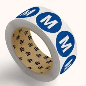 Middengeleider sticker op rol - rond - blauw wit - letter M met blauwe achtergrond