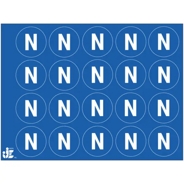 Neutrale N AC geleider sticker op vel - rond - blauw wit - letter N met blauwe achtergrond