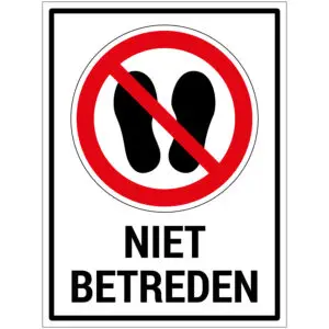 Niet betreden met tekst verbodspictogram - rechthoekig - rood wit zwart - tekst niet betreden en twee voetstappen met rode schuine streep op witte achtergrond