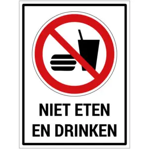 Niet eten en drinken met tekst verbodspictogram - rechthoekig - rood wit zwart - tekst niet eten en drinken en burger en beker met rode schuine streep