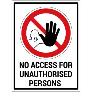No access for unauthorised persons met tekst verbodspictogram - rechthoekig - rood wit zwart - tekst no access for unauthorised persons en persoon met hand met rode schuine streep