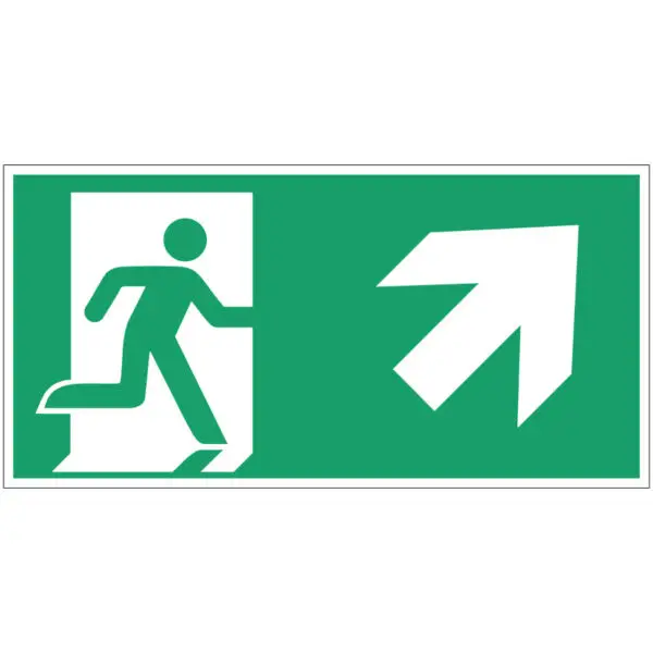 Nooduitgang pijl rechtsboven pictogram - E002 - groen wit - rechthoekig - symbool persoon die rechts door deur rent met pijl rechts omhoog op groene achtergrond