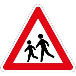 Spelende kinderen verkeerspictogram - J21 - driehoekig - rood wit zwart - symbool kinderen in rode driehoek