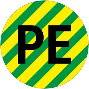 PE geleider sticker - rond - geel groen zwart - tekst PE met groene en gele strepen