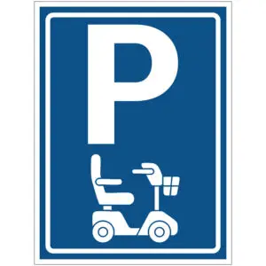 Parkeerplaats scootmobiel verkeerspictogram - E8-16 - rechthoekig - blauw wit - symbool scootmobiel en P op blauwe achtergrond