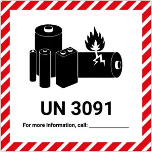 UN 3091 batterij pictogram - rood wit zwart - vierkant - symbool batterijen en accu's met vlam en tekst UN 3091