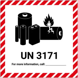 UN 3171 batterij pictogram - rood wit zwart - vierkant - symbool batterijen en accu's met vlam en tekst UN 3171