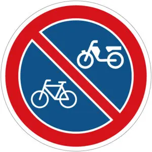 Verboden fietsen en brommers te plaatsen verkeerspictogram - E3 - rond - blauw wit rood - symbool fiets en brommer en rode schuine streep met blauwe achtergrond
