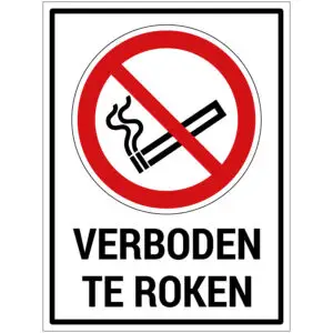 Verboden te roken met tekst verbodspictogram - rechthoekig - rood wit zwart - tekst verboden te roken en sigaret met rode schuine streep