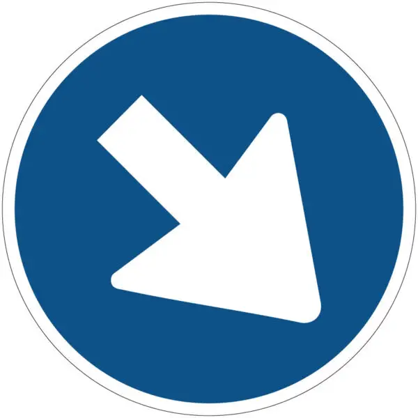 Verplicht rechts passeren verkeerspictogram - D2 - rond - blauw wit - witte pijl naar rechtsonder met blauwe achtergrond