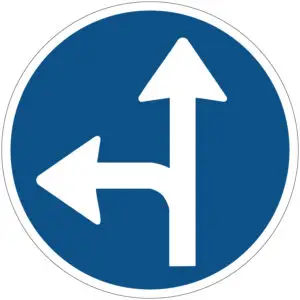 Verplichte rijrichting verkeerspictogram - D6l - rond - blauw wit - witte pijl omhoog en naar links met blauwe achtergrond