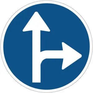 Verplichte rijrichting verkeerspictogram - D6r - rond - blauw wit - witte pijl omhoog en naar rechts met blauwe achtergrond