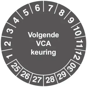 Volgende VCA keuring keuringssticker - rond - grijs wit - tekst volgende VCA keuring met jaartallen en maanden
